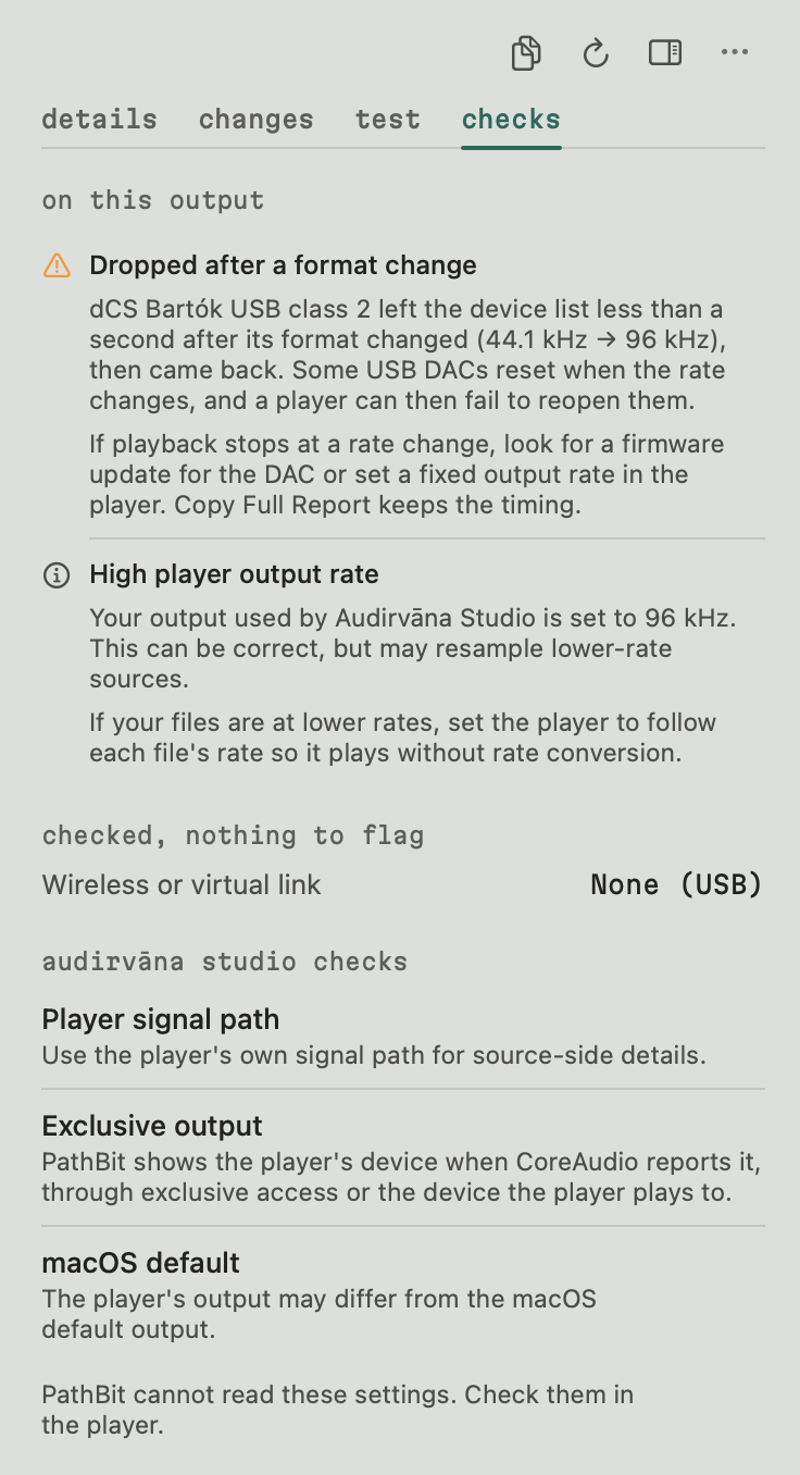 The Checks tab for the same dCS Bartók: the warning Dropped after a format change, explained, and what to change.