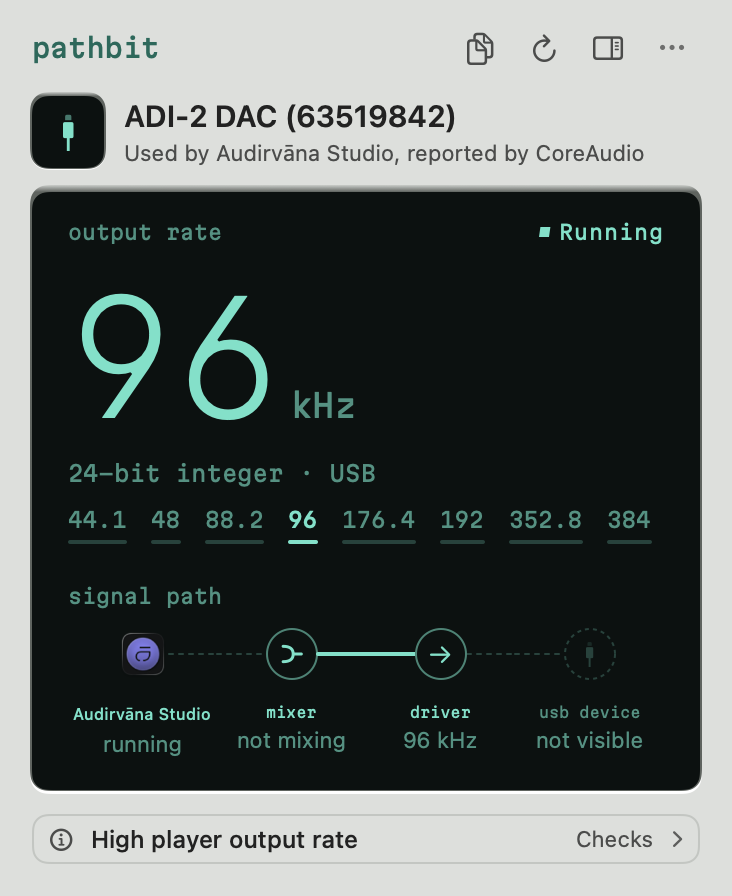 The compact PathBit panel for an RME ADI-2 DAC at 96 kHz.