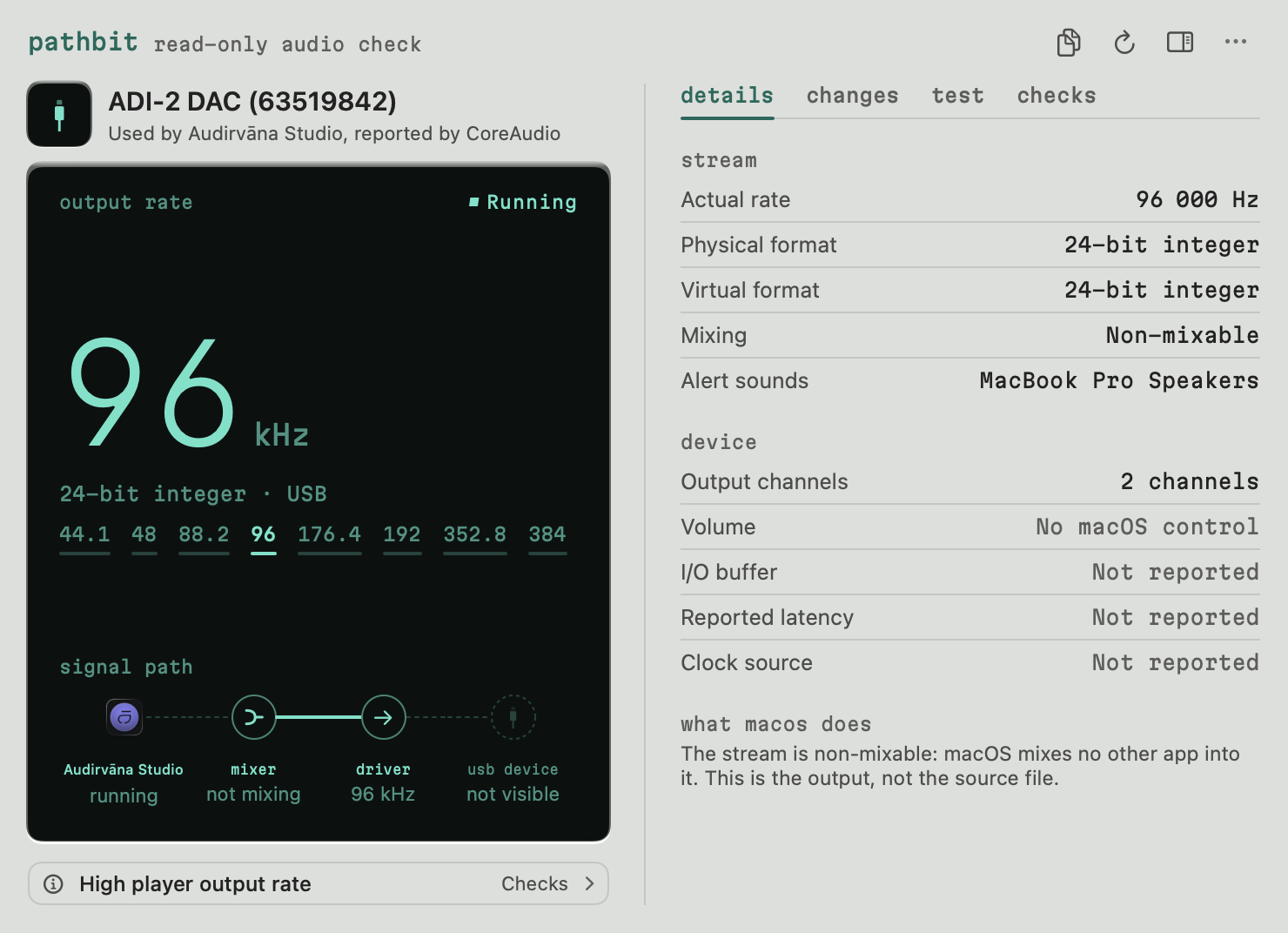 The full PathBit panel for an RME ADI-2 DAC at 96 kHz used by Audirvāna Studio, on the Details tab: the actual rate, the formats, mixing and the device.