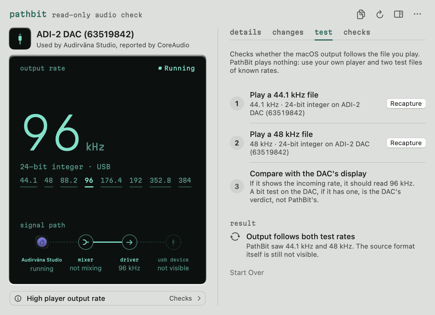 The same panel on the Test tab: two captures taken while test files played, and the output follows both rates.