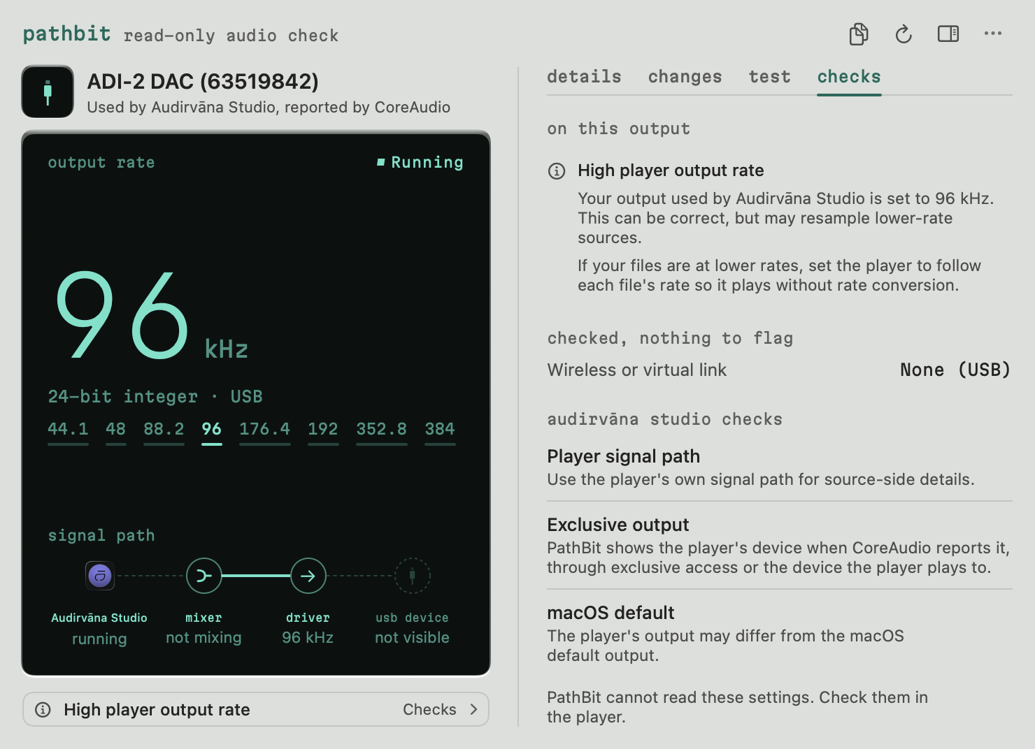 The PathBit panel for the RME ADI-2 DAC on the Checks tab: a high player output rate, explained, and what PathBit cannot read in the player.